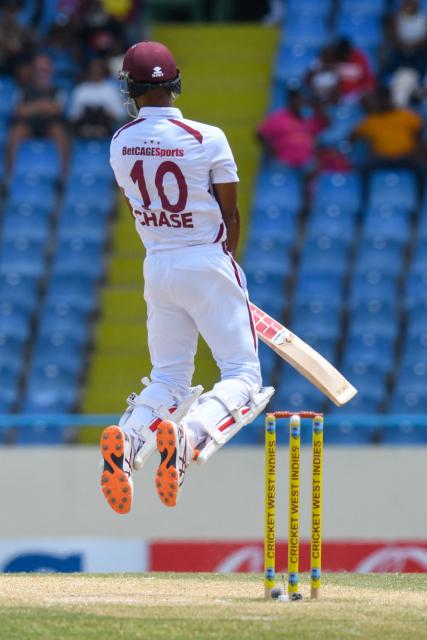 Roston Chase of West Indies takes evasive action from a delivery by Asitha Fernando of Sri Lanka during the 4th day of the 2nd Test between Sri Lanka and West Indies at Vivian Richards Cricket Stadium in North Sound, Antigua and Barbuda, on July 6, 2026. (Photo by Randy Brooks / AFP)