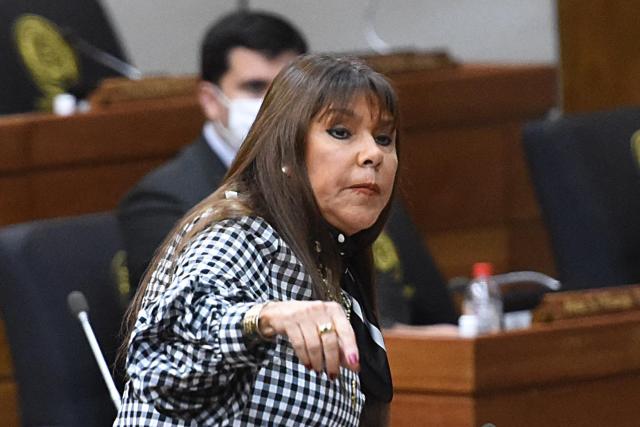 (FILES) Paraguayan deputy Celeste Amarilla speaks during a session to read the accusatory libel for the political trial against President Mario Abdo Benitez, in Asuncion, on March 17, 2021. France forward Kylian Mbappe on July 6, 2026, condemned Paraguayan Senator Celeste Amarilla as “despicable” and “unworthy of her office” after she made racist remarks about him following Paraguay’s 1-0 defeat to France in the 2026 World Cup round of 16. Mbappe said Amarilla’s comments did not represent Paraguay and accused her of spreading racism and hatred. (Photo by DANIEL DUARTE / AFP)