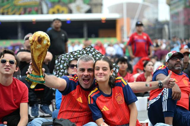Football fans gather at the FIFA Fan Fest during the 2026 FIFA World Cup round-of-16 football match between Portugal and Spain at the Zocalo square in Mexico City, Mexico, on July 6, 2026 (Photo by YURI CORTEZ / AFP)