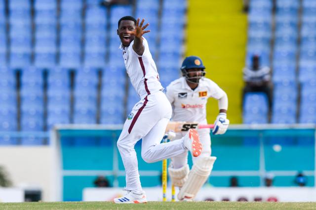 Shamar Joseph (L) of West Indies appeals for lbw against Lahiru Udara (R) of Sri Lanka during the 4th day of the 2nd Test between Sri Lanka and West Indies at Vivian Richards Cricket Stadium in North Sound, Antigua and Barbuda, on July 6, 2026. (Photo by Randy Brooks / AFP)