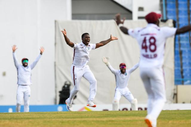 Shamar Joseph (C) of West Indies appeals for lbw against Lahiru Udara (R) of Sri Lanka during the 4th day of the 2nd Test between Sri Lanka and West Indies at Vivian Richards Cricket Stadium in North Sound, Antigua and Barbuda, on July 6, 2026. (Photo by Randy Brooks / AFP)