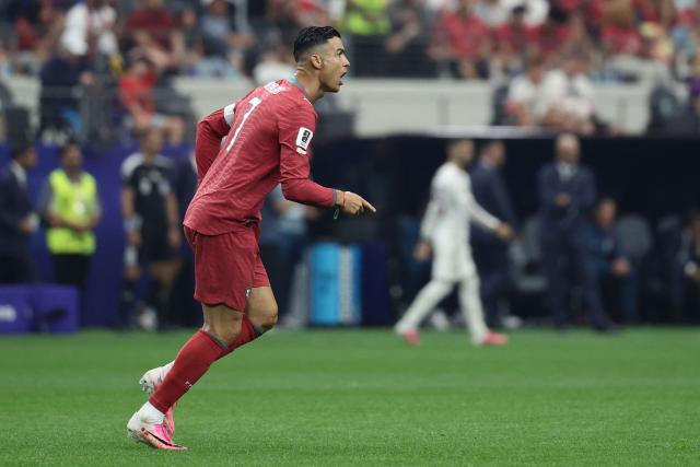Portugal's forward #07 Cristiano Ronaldo reacts during the 2026 World Cup round of 16 football match between Portugal and Spain at the Dallas Stadium in Arlington on July 6, 2026. (Photo by Aric Becker / AFP)