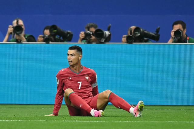 Portugal's forward #07 Cristiano Ronaldo reacts during the 2026 World Cup round of 16 football match between Portugal and Spain at the Dallas Stadium in Arlington on July 6, 2026. (Photo by Paul ELLIS / AFP)