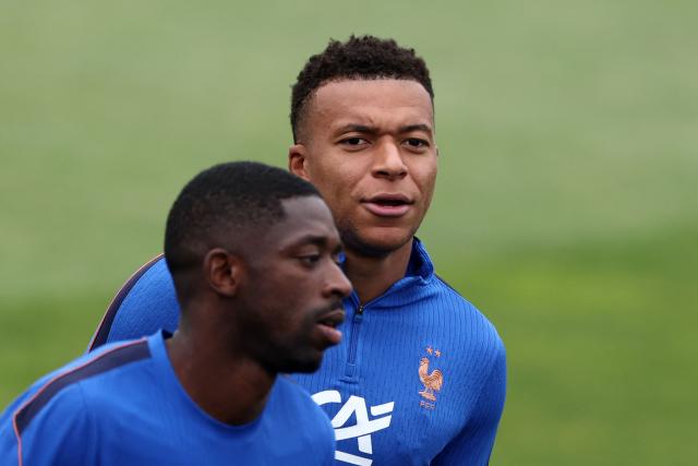 France's forward #10 Kylian Mbappe and France's forward #07 Ousmane Dembele attend a training session at Bentley University in Waltham, near Boston, on July 07, 2026, during the 2026 World Cup football tournament. (Photo by FRANCK FIFE / AFP)