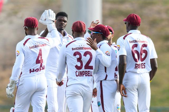 Alzarri Joseph (2L) of West Indies celebrates the dismissal of Nishan Fernando of Sri Lanka during the 4th day of the 2nd Test between Sri Lanka and West Indies at Vivian Richards Cricket Stadium in North Sound, Antigua and Barbuda, on July 6, 2026. (Photo by Randy Brooks / AFP)