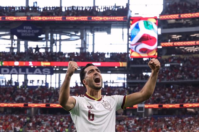 Spain's midfielder #06 Mikel Merino celebrates scoring his team's first goal during the 2026 World Cup round of 16 football match between Portugal and Spain at the Dallas Stadium in Arlington on July 6, 2026. (Photo by Thomas COEX / AFP)