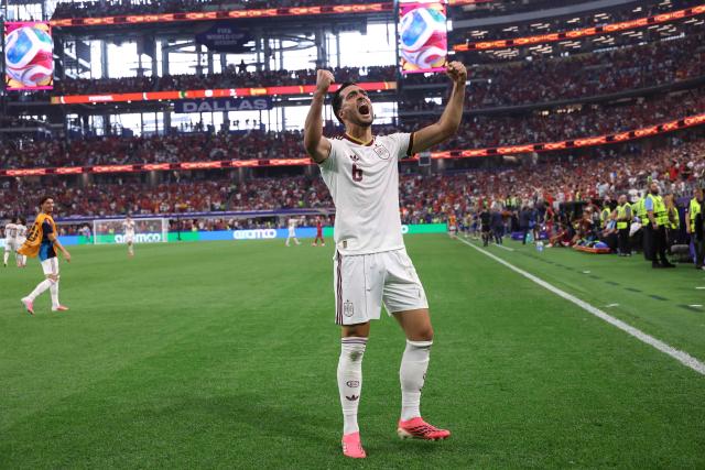 Spain's midfielder #06 Mikel Merino celebrates scoring his team's first goal during the 2026 World Cup round of 16 football match between Portugal and Spain at the Dallas Stadium in Arlington on July 6, 2026. (Photo by Thomas COEX / AFP)