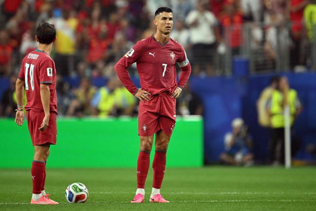 Portugal's forward #07 Cristiano Ronaldo reacts during the 2026 World Cup round of 16 football match between Portugal and Spain at the Dallas Stadium in Arlington on July 6, 2026. (Photo by RONALDO SCHEMIDT / AFP)