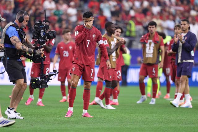 Portugal's forward #07 Cristiano Ronaldo reacts after losing the 2026 World Cup round of 16 football match between Portugal and Spain at the Dallas Stadium in Arlington on July 6, 2026. (Photo by Thomas COEX / AFP)