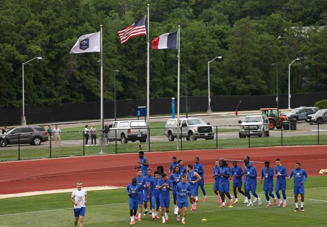 France's players take part in a training session at Bentley University in Waltham, near Boston, on July 7, 2026, during the 2026 World Cup football tournament. (Photo by FRANCK FIFE / AFP)