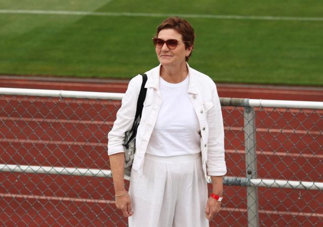 Veronique Rabiot, mother of France's midfielder #14 Adrien Rabiot, looks on during a training session of the France football team at Bentley University in Waltham, near Boston, on July 7, 2026, during the 2026 World Cup football tournament. (Photo by FRANCK FIFE / AFP)