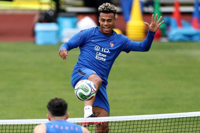 France's forward #20 Desire Doue takes part in a training session at Bentley University in Waltham, near Boston, on July 7, 2026, during the 2026 World Cup football tournament. (Photo by FRANCK FIFE / AFP)