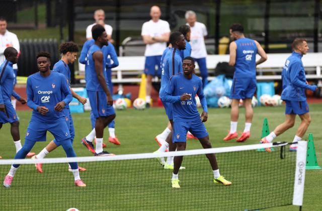 France's goalkeeper #01 Brice Samba and France's forward #07 Ousmane Dembele take part in a training session at Bentley University in Waltham, near Boston, on July 7, 2026, during the 2026 World Cup football tournament. (Photo by FRANCK FIFE / AFP)