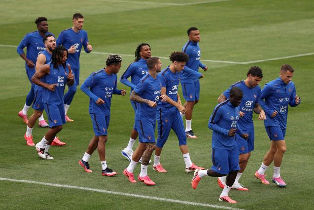 France's players take part in a training session at Bentley University in Waltham, near Boston, on July 6, 2026, during the 2026 World Cup football tournament. (Photo by FRANCK FIFE / AFP)