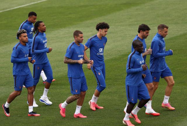 France's players take part in a training session at Bentley University in Waltham, near Boston, on July 6, 2026, during the 2026 World Cup football tournament. (Photo by FRANCK FIFE / AFP)