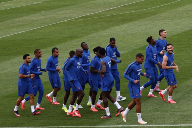 France's players take part in a training session at Bentley University in Waltham, near Boston, on July 6, 2026, during the 2026 World Cup football tournament. (Photo by FRANCK FIFE / AFP)