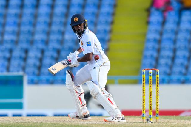 Kamindu Mendis of Sri Lanka bats during the 4th day of the 2nd Test between Sri Lanka and West Indies at Vivian Richards Cricket Stadium in North Sound, Antigua and Barbuda, on July 6, 2026. (Photo by Randy Brooks / AFP)