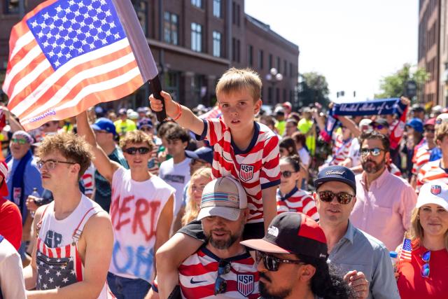 US fans gather in Pioneer Square before the 2026 World Cup round of 16 match between USA and Belgium in Seattle, Washington, on July 6, 2026. (Photo by Jason Redmond / AFP)