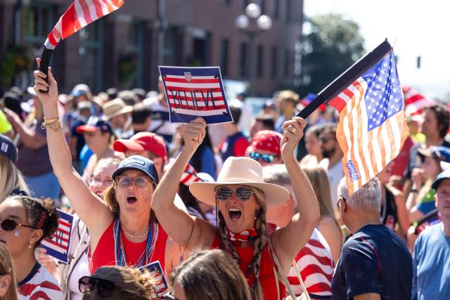 US fans march through Pioneer Square before the 2026 World Cup round of 16 match between USA and Belgium in Seattle, Washington, on July 6, 2026. (Photo by Jason Redmond / AFP)