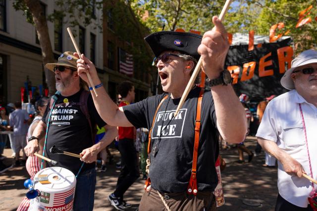 A group protesting US President Donald Trump and Immigration and Customs Enforcement (ICE) demonstrates in Pioneer Square before the 2026 World Cup Round of 16 match between USA and Belgium in Seattle, Washington, on July 6, 2026. (Photo by Jason Redmond / AFP)