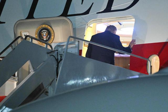 US President Donald Trump boards Air Force One, at Joint Base Andrews, Maryland, on July 6, 2026. Trump is traveling to Ankara, Turkey to attend a NATO summit. (Photo by SAUL LOEB / AFP)