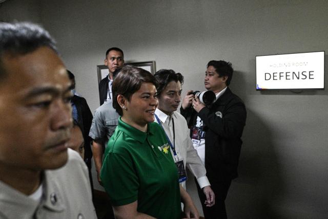 Philippine Vice President Sara Duterte arrives before the start of the impeachment trial at the Senate of the Philippines in Pasay, Metro Manila on July 7, 2026. (Photo by NOEL CELIS / POOL / AFP)