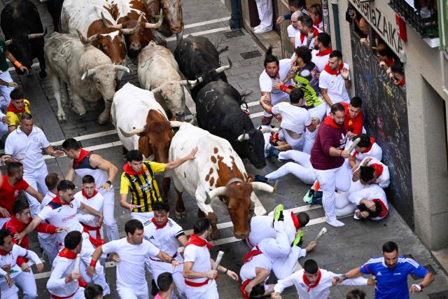 Participants fall while trying to run ahead of bulls from the Fuente Ymbro bull ranch during the first running of the bulls of the San Fermin festival in Pamplona, northern Spain, on July 7, 2026. Thousands of people every year attend the week-long festival and its famous 'encierros', or running of the bulls, in which six bulls are released at 8:00 a.m. evey day to run from their corral to the bullring through the narrow streets of the old town over an 850 meters (yards) course while runners ahead of them try to stay close to the bulls without falling over or being gored. (Photo by ANDER GILLENEA / AFP)
