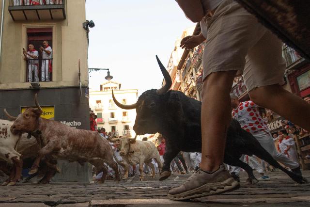 Participants run ahead of bulls from the Fuente Ymbro bull ranch during the first running of the bulls of the San Fermin festival in Pamplona, northern Spain, on July 7, 2026. Thousands of people every year attend the week-long festival and its famous 'encierros', or running of the bulls, in which six bulls are released at 8:00 a.m. evey day to run from their corral to the bullring through the narrow streets of the old town over an 850 meters (yards) course while runners ahead of them try to stay close to the bulls without falling over or being gored. (Photo by JORGE GUERRERO / AFP)