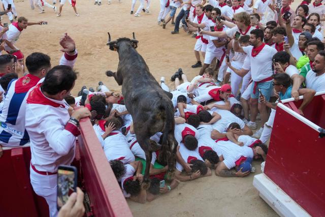 A heifer, or young cow, jumps over participants in the bullring as they run and try to dodge the young animal after the first running of the bulls of the San Fermin festival in Pamplona, northern Spain, on July 7, 2026. Thousands of people every year attend the week-long festival and its famous 'encierros', or running of the bulls, in which six bulls are released at 8:00 a.m. evey day to run from their corral to the bullring through the narrow streets of the old town over an 850 meters (yards) course while runners ahead of them try to stay close to the bulls without falling over or being gored. (Photo by Cesar MANSO / AFP)