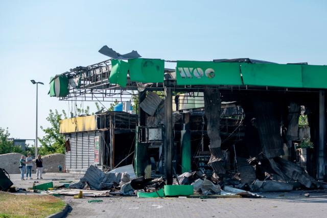 This photograph shows a damaged gas station following a Russian air attack in Kamianske, Dnipropetrovsk region, on July 7, 2026, amid the Russian invasion in Ukraine. (Photo by Mykola SYNELNYKOV / AFP)