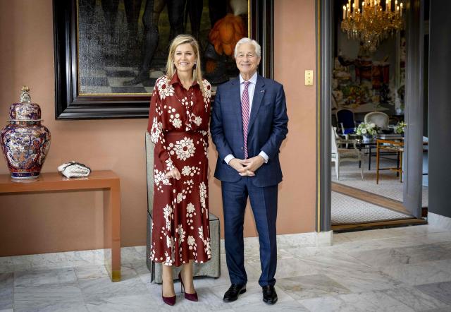 Netherlands' Queen Maxima poses with Chairman and CEO of JPMorgan Chase & Co. Jamie Dimon at Huis ten Bosch Palace in The Hague on July 7, 2026. (Photo by Albert NIEBOER / ANP / AFP) / Netherlands OUT