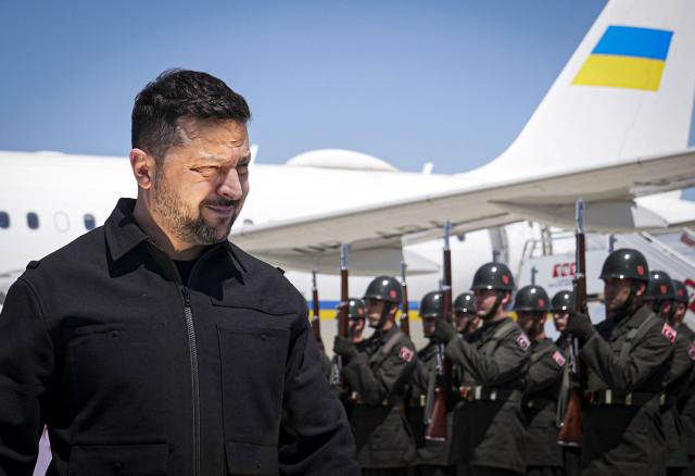 Ukraine's President Volodymyr Zelensky arrives at Esenboga Airport to attend the 36th NATO Heads of State and Government Summit in Ankara on July 7, 2026. (Photo by Metin Akta? / POOL / AFP)