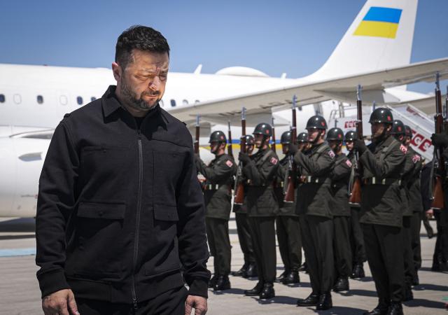 Ukraine's President Volodymyr Zelensky arrives at Esenboga Airport to attend the 36th NATO Heads of State and Government Summit in Ankara on July 7, 2026. (Photo by Metin Akta? / POOL / AFP)
