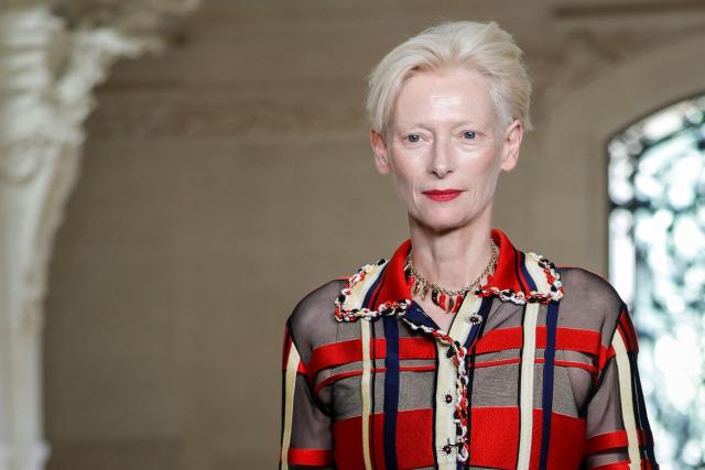 British actress Tilda Swinton poses during a photocall prior to attend the Chanel Women Haute Couture Fall/Winter 2026-2027 collection as part of the Paris Fashion Week, in Paris, on July 7, 2026. (Photo by GEOFFROY VAN DER HASSELT / AFP)
