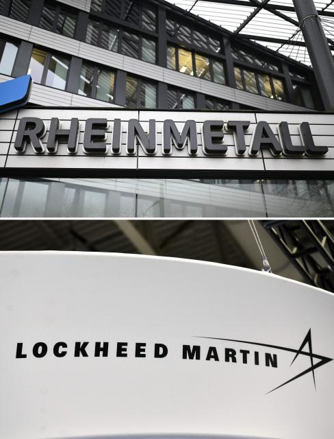 (COMBO) This combination created on July 7, 2026 of file pictures shows
the logo of German automotive and arms manufacturer Rheinmetall (top, at the company's headquarters in Duesseldorf, western Germany, on March 11, 2026) and the Lockheed Martin logo (during the the 70th annual International Astronautical Congress in Washington, DC, on October 22, 2019).. German arms giant Rheinmetall is to produce missiles designed by US aerospace firm Lockheed Martin, the companies said on July 7, 2026, marking the first time the munitions have been made in Europe. With a range of up to 190 miles (300 kilometres), ATACMS -- or Army Tactical Missile Systems -- have been used in the Ukraine and Iran wars, the Gulf and Iraq. (Photo by INA FASSBENDER and MANDEL NGAN / AFP)