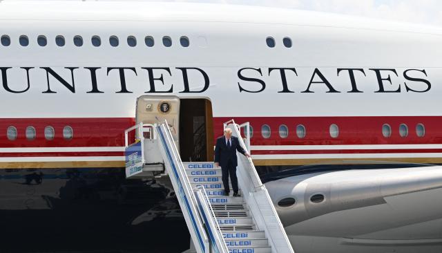 US President Donald Trump disembarks from Air Force One upon his arrival at Etimesgut Air Base near Ankara, on July 7, 2026, to attend the 36th NATO Heads of State and Government Summit. (Photo by Abdullah Güçlü / POOL / AFP)