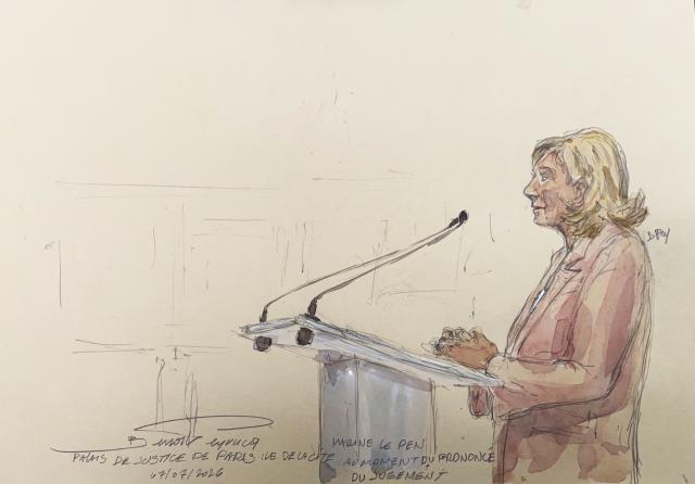 This court sketch made on July 7, 2026 shows President of the parliamentary group of the French far-right Rassemblement National (RN) party Marine Le Pen standing in the dock as she listens to the Paris Court of Appeal's verdict. An appeals court on July 7, 2026, handed France's far-right chief Marine Le Pen a one-year term with an ankle tag over a fake jobs scam in the European parliament, casting doubt on whether she will run for president next April. The court also prevented her from running for office for 15 months, a ban expected to have expired this year. (Photo by Benoit PEYRUCQ / AFP)