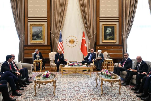 Turkish President Recep Tayyip Erdogan (C-R) and US President Donald Trump (C-L) hold a meeting at Bestepe Presidential Compound in Ankara, on July 7, 2026, on the sidelines of the NATO Summit. (Photo by SAUL LOEB / AFP)