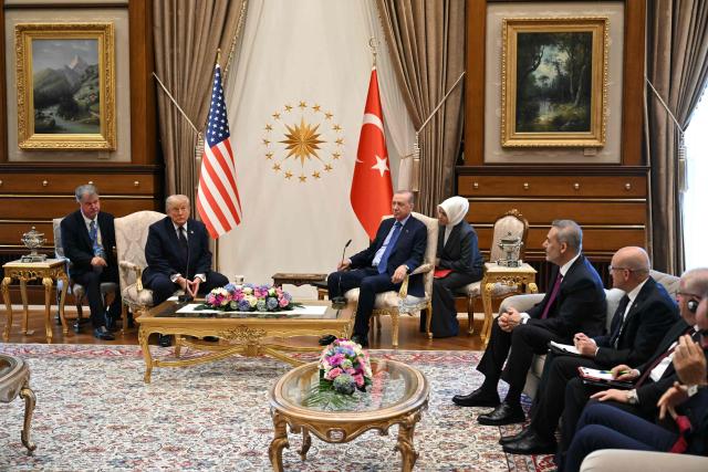 Turkish President Recep Tayyip Erdogan (C-R) and US President Donald Trump (C-L) hold a meeting at Bestepe Presidential Compound in Ankara, on July 7, 2026, on the sidelines of the NATO Summit. (Photo by SAUL LOEB / AFP)