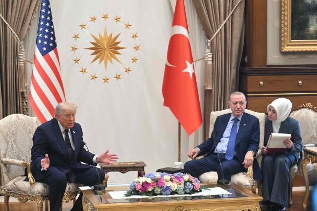 US President Donald Trump (L) speaks during a meeting with Turkish President Recep Tayyip Erdogan at Bestepe Presidential Compound in Ankara, on July 7, 2026, on the sidelines of the NATO Summit. (Photo by SAUL LOEB / AFP)