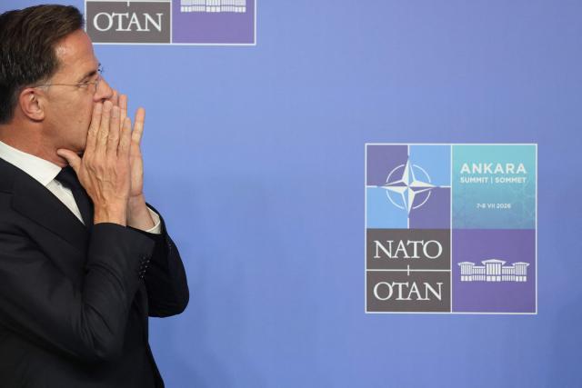 NATO Secretary General Mark Rutte reacts as he greets guests for the NATO summit in Ankara, on July 8, 2026. The summit comes at a fraught time for the 77-year-old transatlantic alliance, with the US President demanding members make good on a pledge to ramp up defence spending as Washington takes a step back from Europe. (Photo by Ludovic MARIN / POOL / AFP)