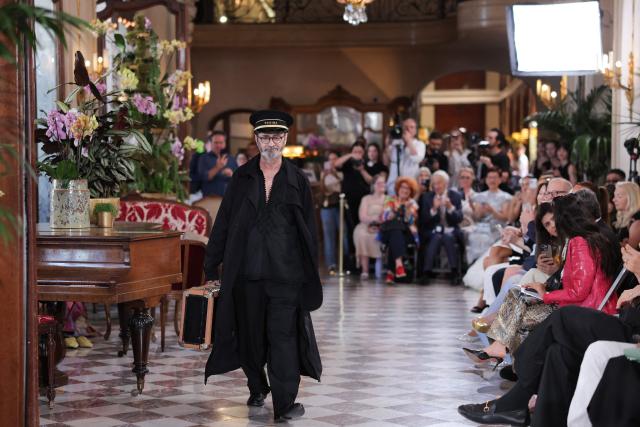 French fashion designer Frank Sorbier presents one of his creations for Franck Sorbier for the Women Haute Couture Fall/Winter 2026-2027 collection as part of the Paris Fashion Week, in Paris, on July 8, 2026. (Photo by Kenzo TRIBOUILLARD / AFP)
