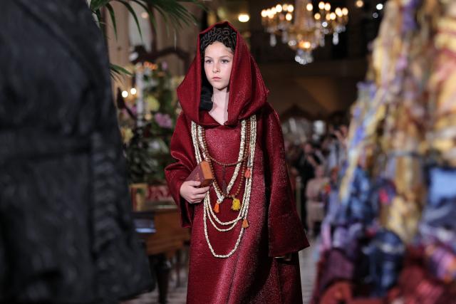 A model presents a creation by Franck Sorbier for the Women Haute Couture Fall/Winter 2026-2027 collection as part of the Paris Fashion Week, in Paris, on July 8, 2026. (Photo by Kenzo TRIBOUILLARD / AFP)