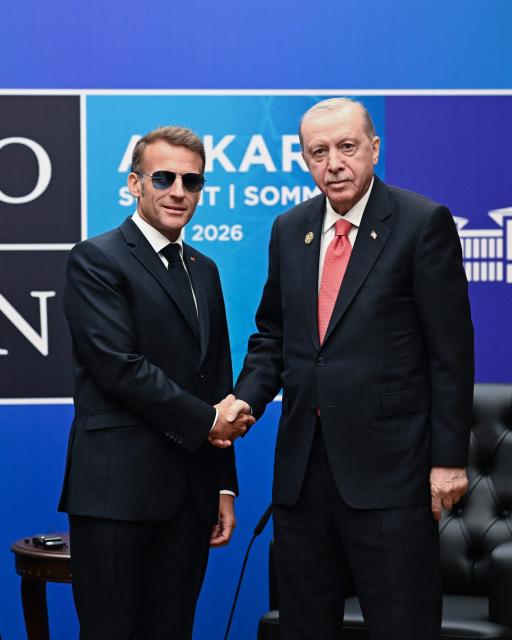 French President Emmanuel Macron meets with Turkish President Recep Tayyip Erdogan in a bilateral meeting on the sidelines of the 36th NATO Summit at Bestepe Presidential Compound in Ankara, Turkey, July 8, 2026. (Photo by Alexis JUMEAU / POOL / AFP)