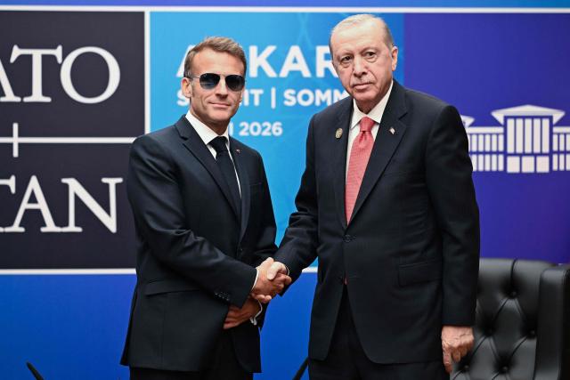 French President Emmanuel Macron meets with Turkish President Recep Tayyip Erdogan in a bilateral meeting on the sidelines of the 36th NATO Summit at Bestepe Presidential Compound in Ankara, Turkey, July 8, 2026. (Photo by Alexis JUMEAU / POOL / AFP)