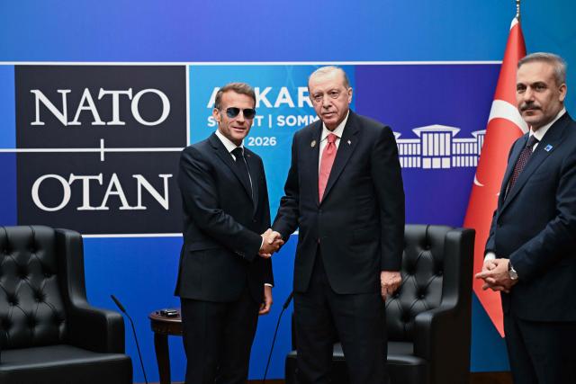 French President Emmanuel Macron meets with Turkish President Recep Tayyip Erdogan in a bilateral meeting on the sidelines of the 36th NATO Summit at Bestepe Presidential Compound in Ankara, Turkey, July 8, 2026. (Photo by Alexis JUMEAU / POOL / AFP)