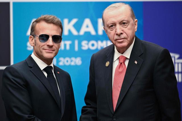 French President Emmanuel Macron meets with Turkish President Recep Tayyip Erdogan in a bilateral meeting on the sidelines of the 36th NATO Summit at Bestepe Presidential Compound in Ankara, Turkey, July 8, 2026. (Photo by Alexis JUMEAU / POOL / AFP)