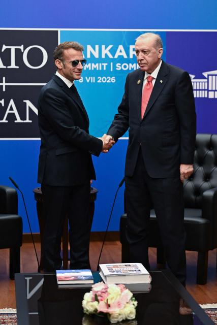 French President Emmanuel Macron meets with Turkish President Recep Tayyip Erdogan in a bilateral meeting on the sidelines of the 36th NATO Summit at Bestepe Presidential Compound in Ankara, Turkey, July 8, 2026. (Photo by Alexis JUMEAU / POOL / AFP)