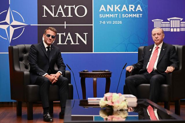 French President Emmanuel Macron meets with Turkish President Recep Tayyip Erdogan in a bilateral meeting on the sidelines of the 36th NATO Summit at Bestepe Presidential Compound in Ankara, Turkey, July 8, 2026. (Photo by Alexis JUMEAU / POOL / AFP)