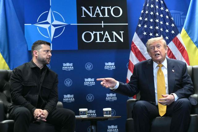 Ukraine's President Volodymyr Zelensky (L) meets with US President Donald Trump on the sidelines of the NATO Summit at Bestepe Presidential Compound in Ankara, on July 8, 2026. The summit comes at a fraught time for the 77-year-old transatlantic alliance, with the US President demanding members make good on a pledge to ramp up defence spending as Washington takes a step back from Europe. (Photo by SAUL LOEB / AFP)